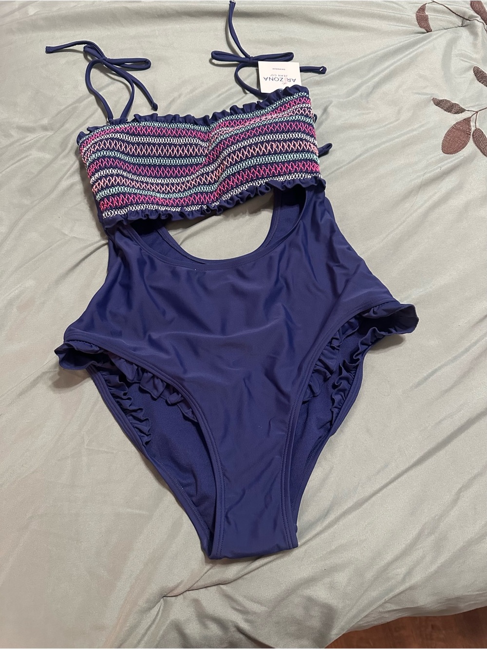 Arizona Jean Company Navy One-Piece Swimsuit with Pink & White Smocked Top